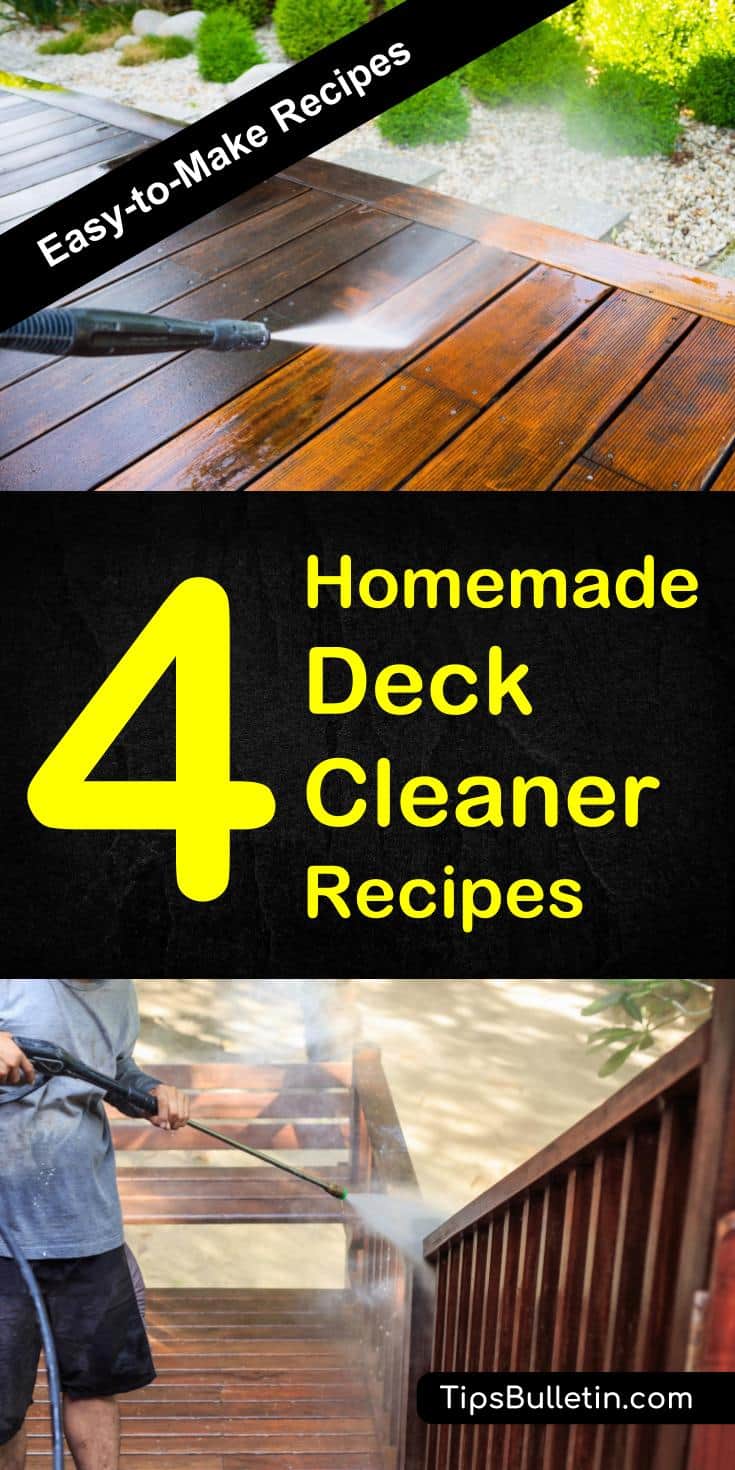 Find out how to clean your deck and outdoor area with 4 homemade deck cleaner recipes. Perfect cleaning tips on how to make a mildew and algae, murphy's oil mildew cleaner as well as bleach or soapy deck scrub. Ideal for manual or pressure washer use. #deckcleaning #scrub #patio #cleaner